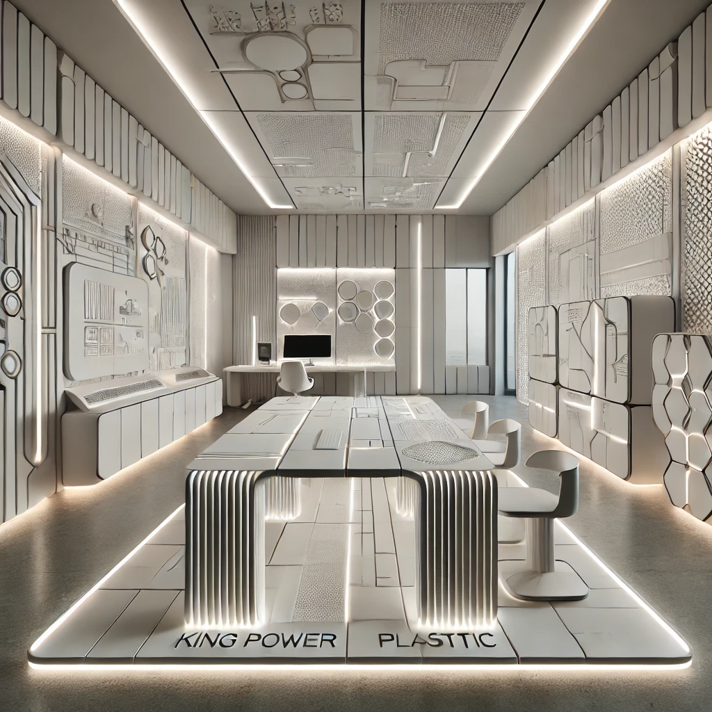 A futuristic design studio interior showcasing innovative furniture made entirely from uPVC material by King Power Plastic. The space features a uPVC